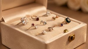 Une sélection élégante de bijoux posés sur un écrin clair, avec une ambiance de cadeau raffinée et chaleureuse.