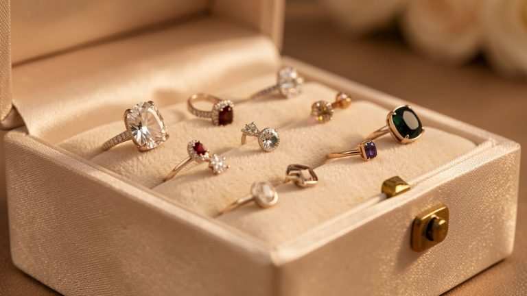 Une sélection élégante de bijoux posés sur un écrin clair, avec une ambiance de cadeau raffinée et chaleureuse.