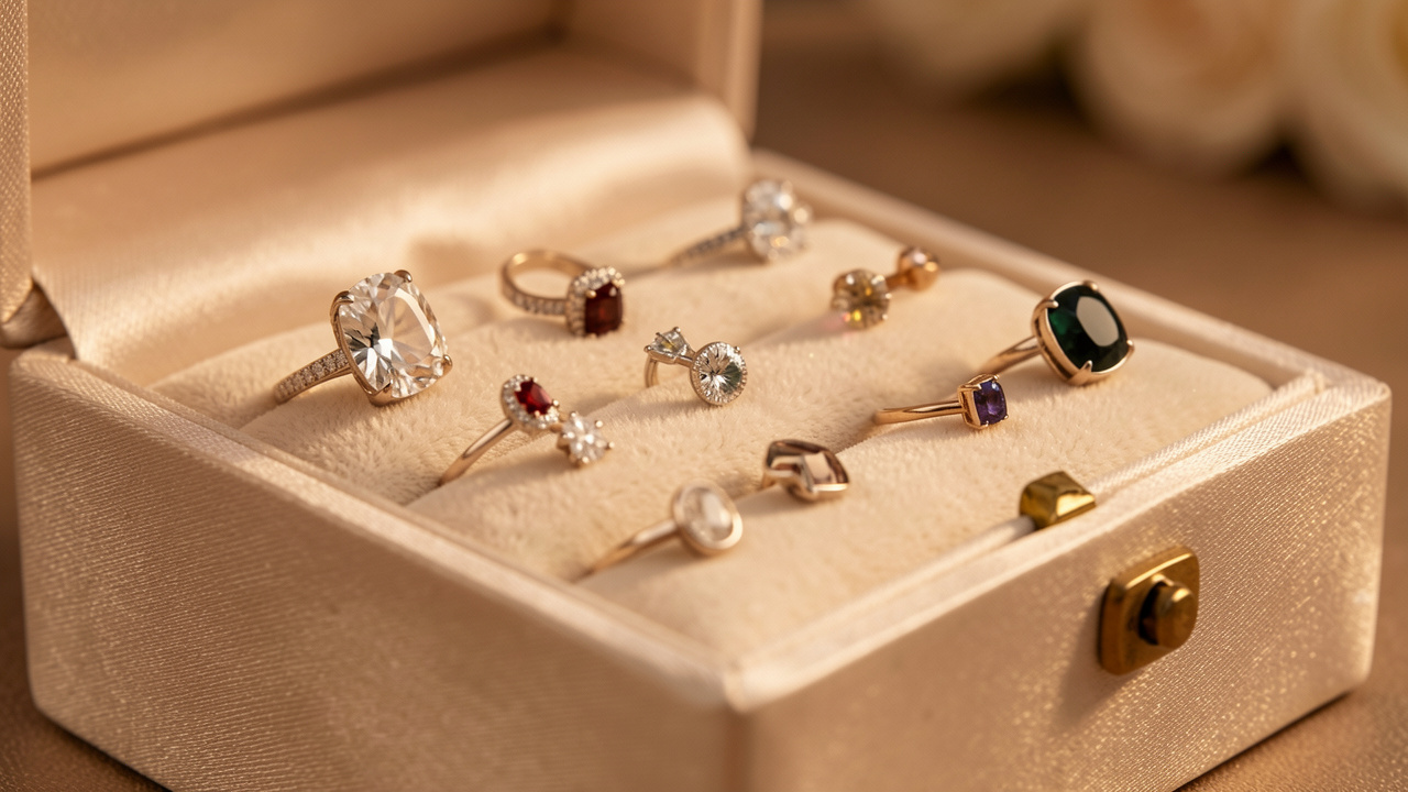 Une sélection élégante de bijoux posés sur un écrin clair, avec une ambiance de cadeau raffinée et chaleureuse.