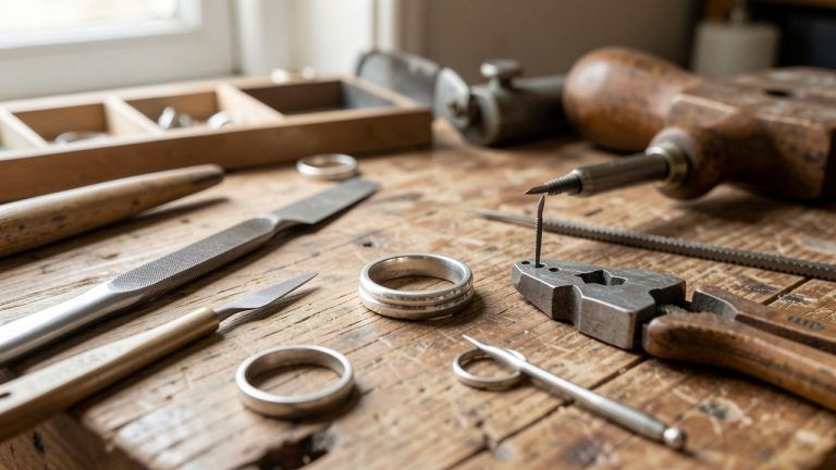 Atelier de bijouterie artisanal à Vichy avec un établi en bois, une cheville, un bocfil, des limes et une bague en argent en cours de fabrication, éclairés par une lumière naturelle douce.