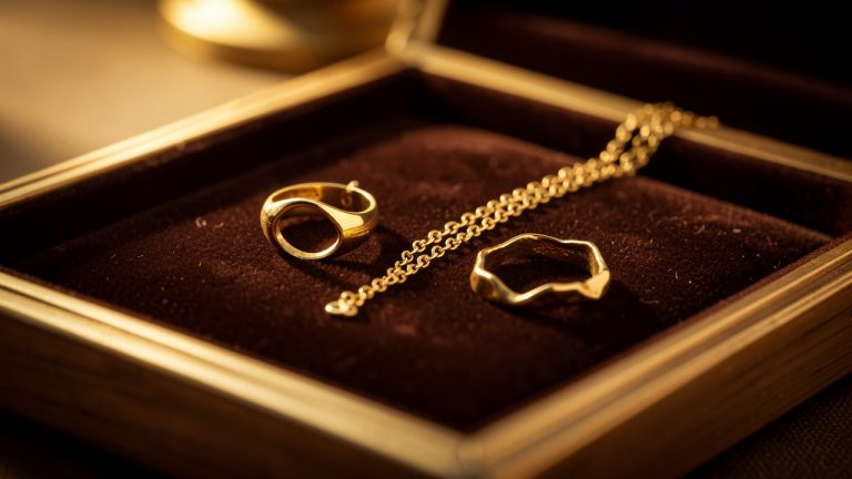 Une boucle d’oreille en or, une chaîne cassée et une bague déformée disposées sur un plateau de bijoutier sous une lumière douce et élégante.