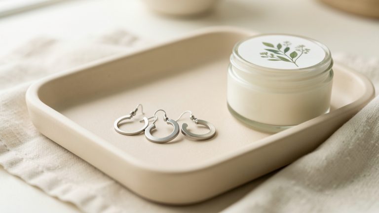 Deux paires de boucles d’oreilles hypoallergéniques disposées sur un plateau en céramique claire, dans une ambiance douce et épurée.