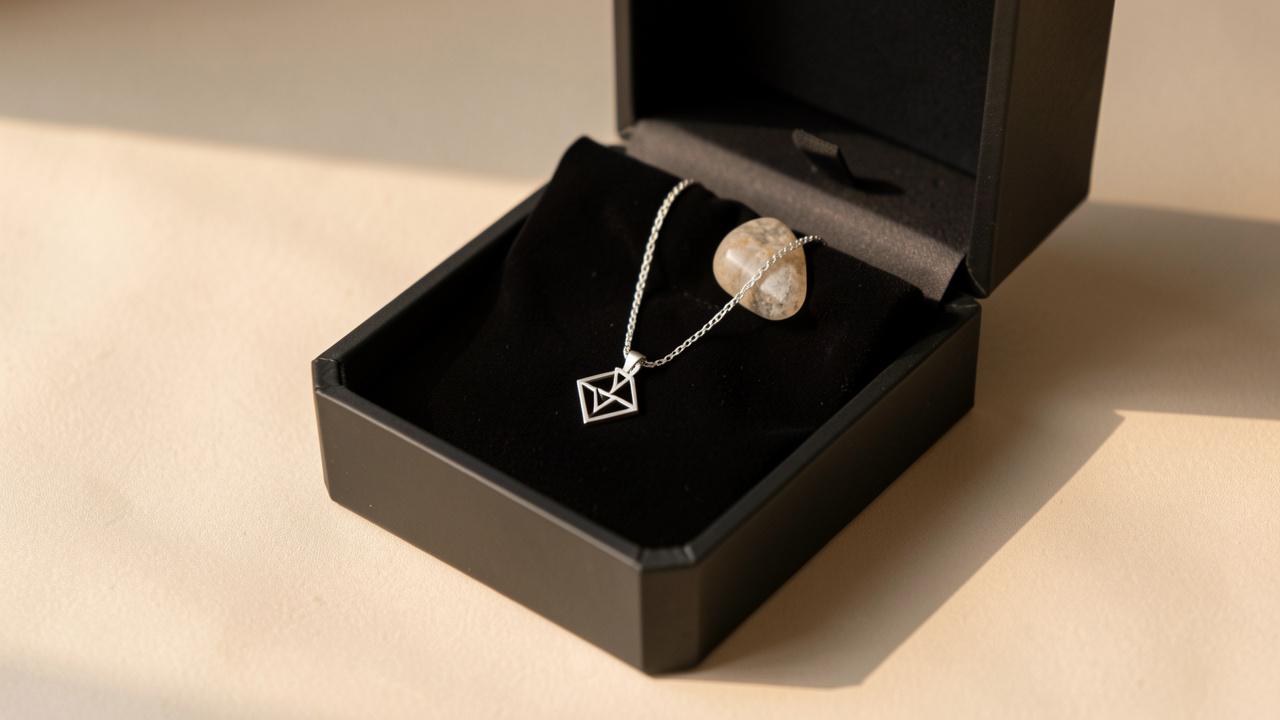 Collier homme minimaliste en argent avec pendentif géométrique présenté dans un écrin noir ouvert.