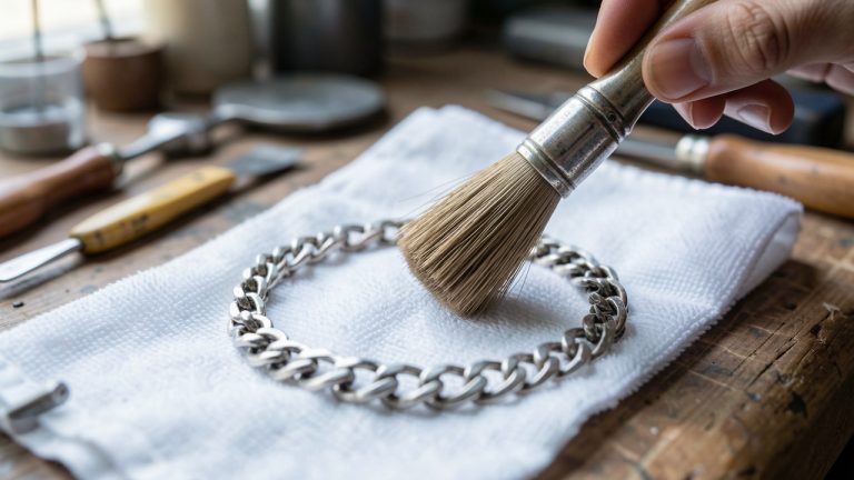 Bracelet ancien en argent aux maillons délicats nettoyé délicatement avec une brosse douce et un chiffon en microfibre blanc.