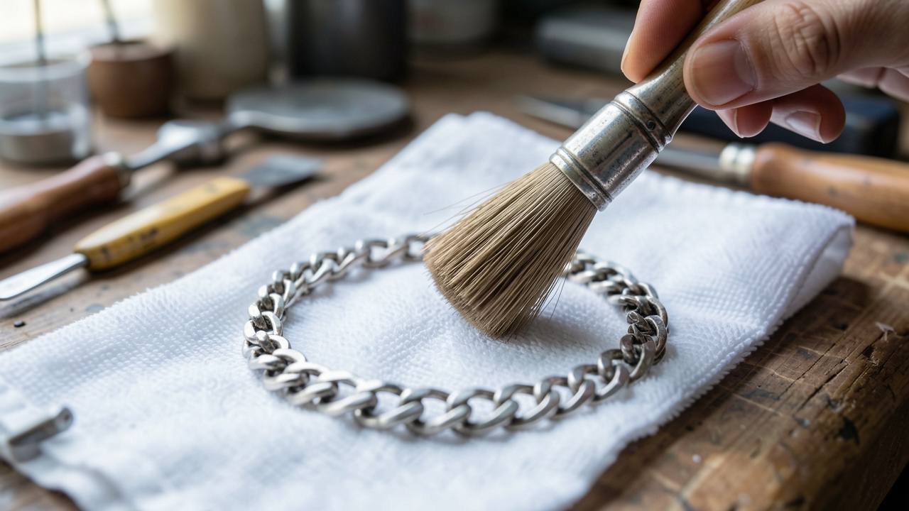 Bracelet ancien en argent aux maillons délicats nettoyé délicatement avec une brosse douce et un chiffon en microfibre blanc.