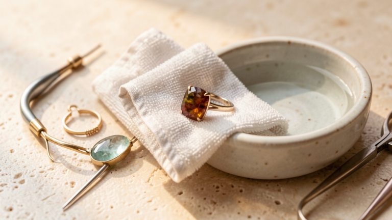 Gros plan sur une bague ornée d’une pierre naturelle polie délicatement avec un chiffon doux, entourée d’un petit récipient d’eau et d’outils de bijouterie.