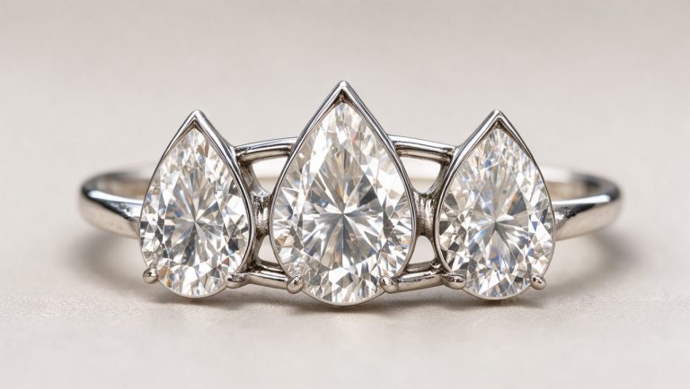 Gros plan d’une bague de haute joaillerie en or blanc ornée de trois diamants taille poire semblant flotter, photographiée sur un fond neutre et élégant.