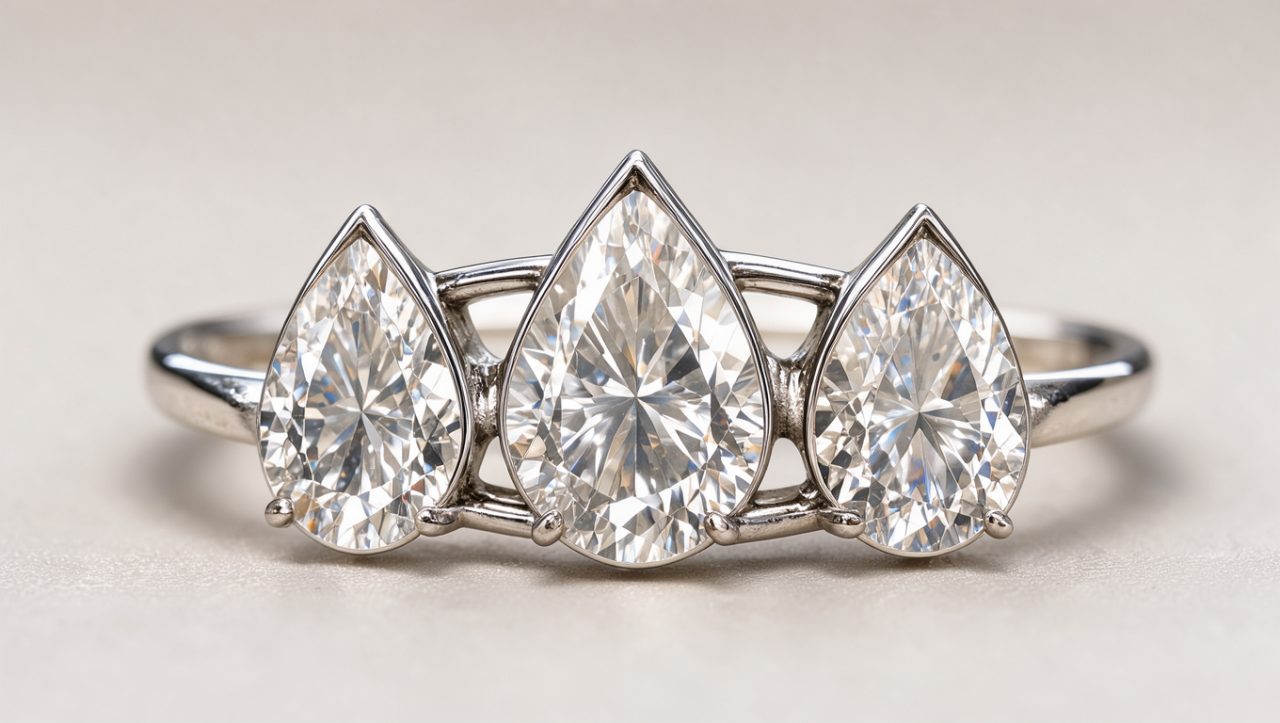 Gros plan d’une bague de haute joaillerie en or blanc ornée de trois diamants taille poire semblant flotter, photographiée sur un fond neutre et élégant.