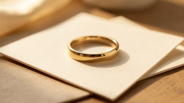 Bague raffinée en or 18 carats posée sur une carte crème vierge, éclairée par une lumière naturelle douce dans une ambiance de joaillerie haut de gamme.