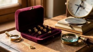 Bijoux anciens en or disposés sur un écrin de velours bordeaux, accompagnés d’une loupe de joaillier et d’une balance de précision, éclairés par une lumière naturelle élégante.