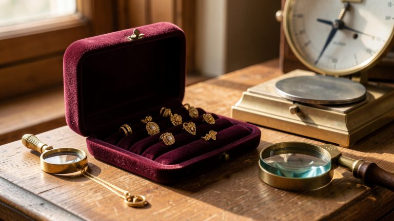 Bijoux anciens en or disposés sur un écrin de velours bordeaux, accompagnés d’une loupe de joaillier et d’une balance de précision, éclairés par une lumière naturelle élégante.