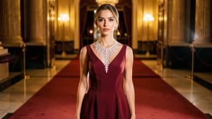 Une femme élégante pose sur un tapis de gala dans une robe couture rouge bordeaux, ornée d’un spectaculaire collier rivière de diamants, dans une ambiance cinématographique luxueuse.